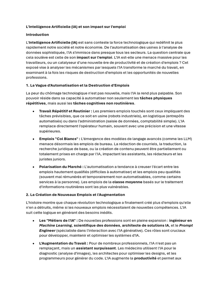 Impact de l'IA sur l'emploi et les métiers | PDF | Intelligence ...