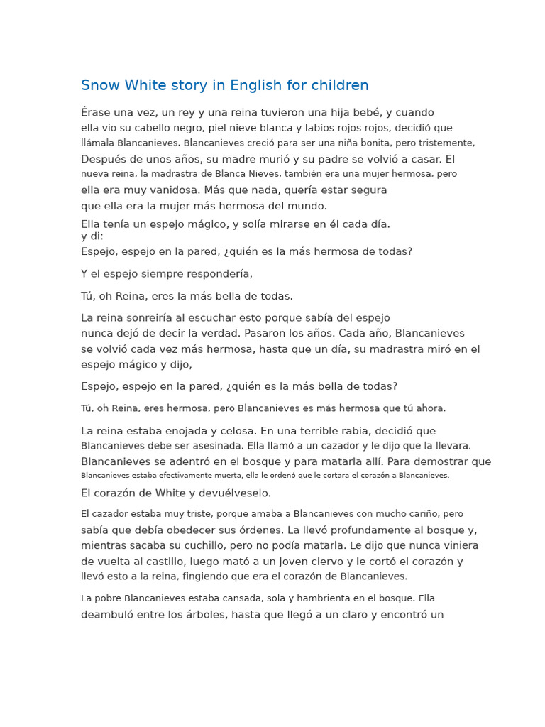 Snow White Story in English For Kids PDF Blanco como