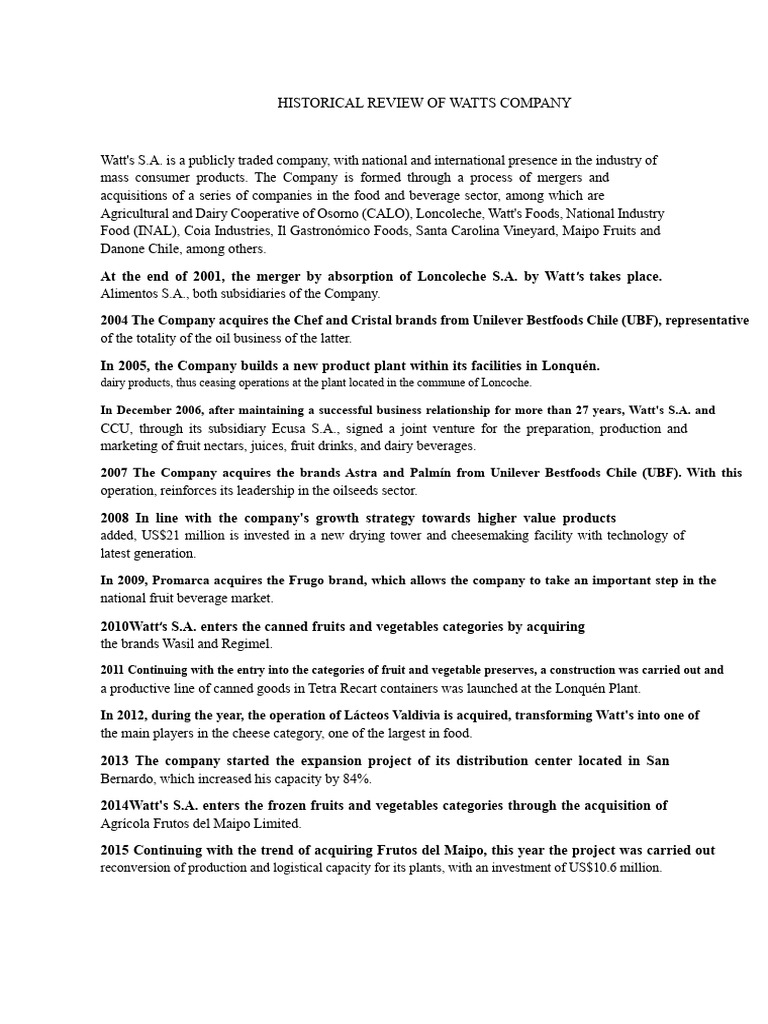 Historical Review of Watts Company | PDF | Fruit Preserves | Foods