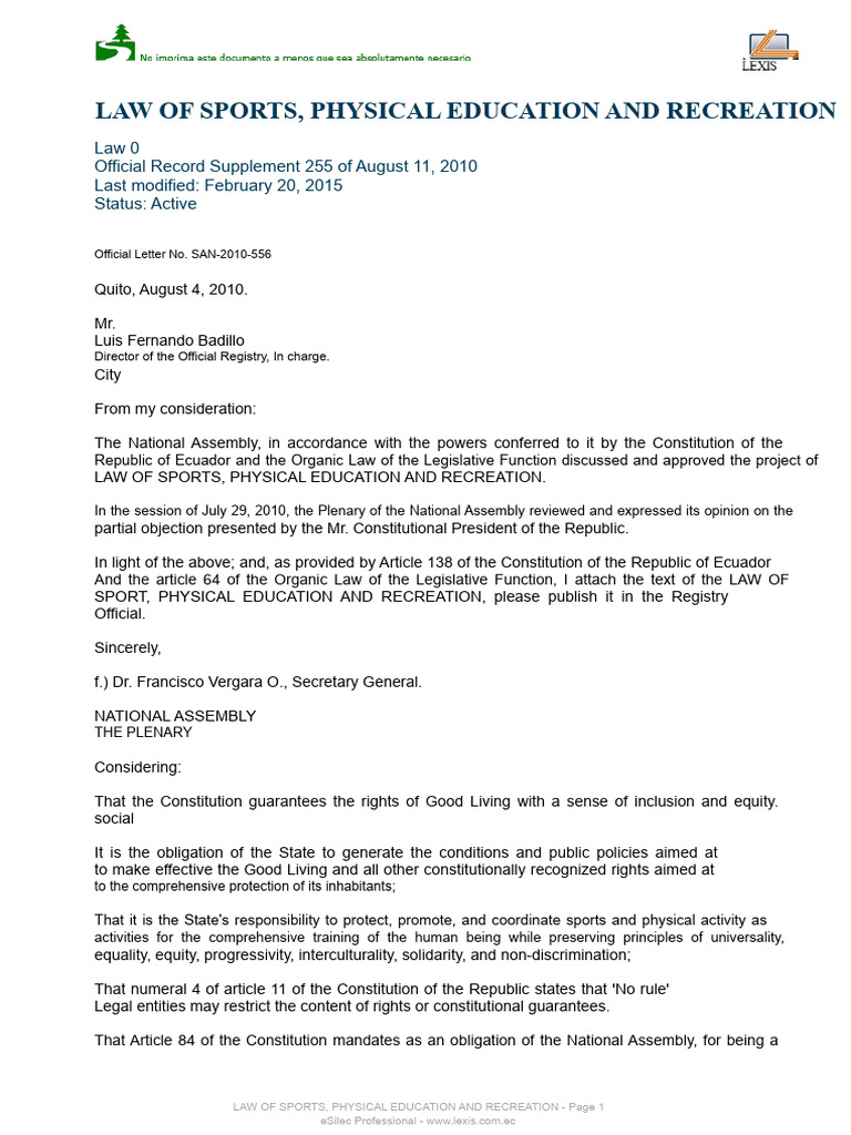 Ecuador Sports and Recreation Law 2010 | PDF | Paralympic Games | Sports