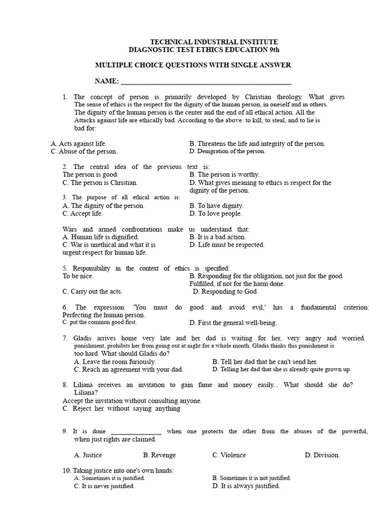 Ethics Education Diagnostic Test 9th Grade | PDF | Conscience ...