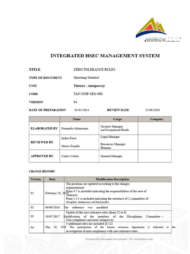Zero Tolerance Rules-temp | PDF | Regulatory Compliance | Occupational ...