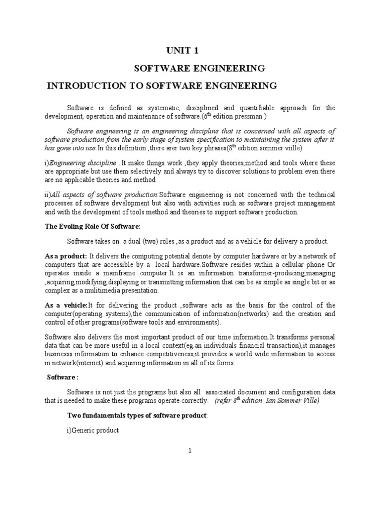 Unit 1 Software Engineering Introduction To Software Engineering | PDF ...