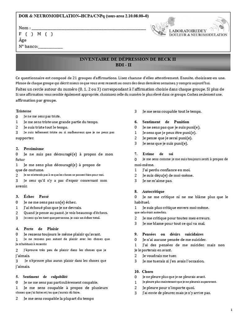 Questionnaire de Dépression de Beck II | PDF | Dépression (psychiatrie)