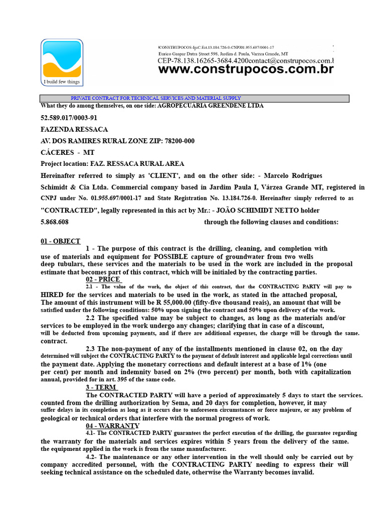 Private Contract for Well Drilling Services | PDF | Interest | Private Law