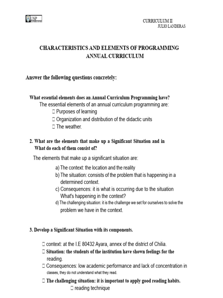 Characteristics and Elements of The Annual Curriculum Programming | PDF