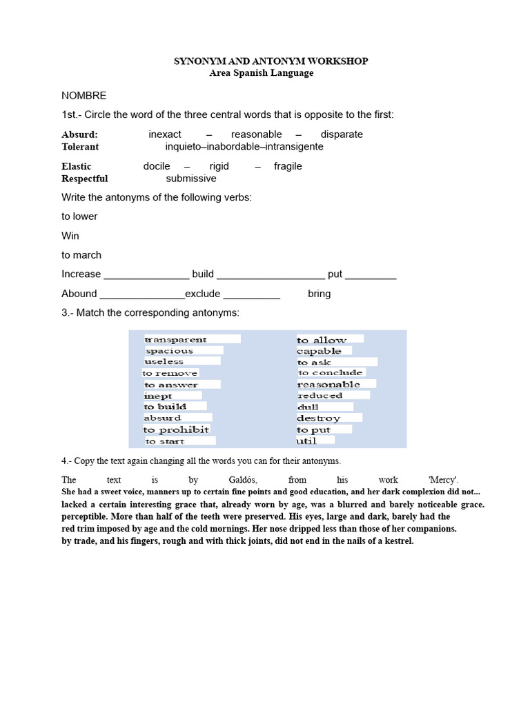 Workshop On Synonyms and Antonyms | PDF