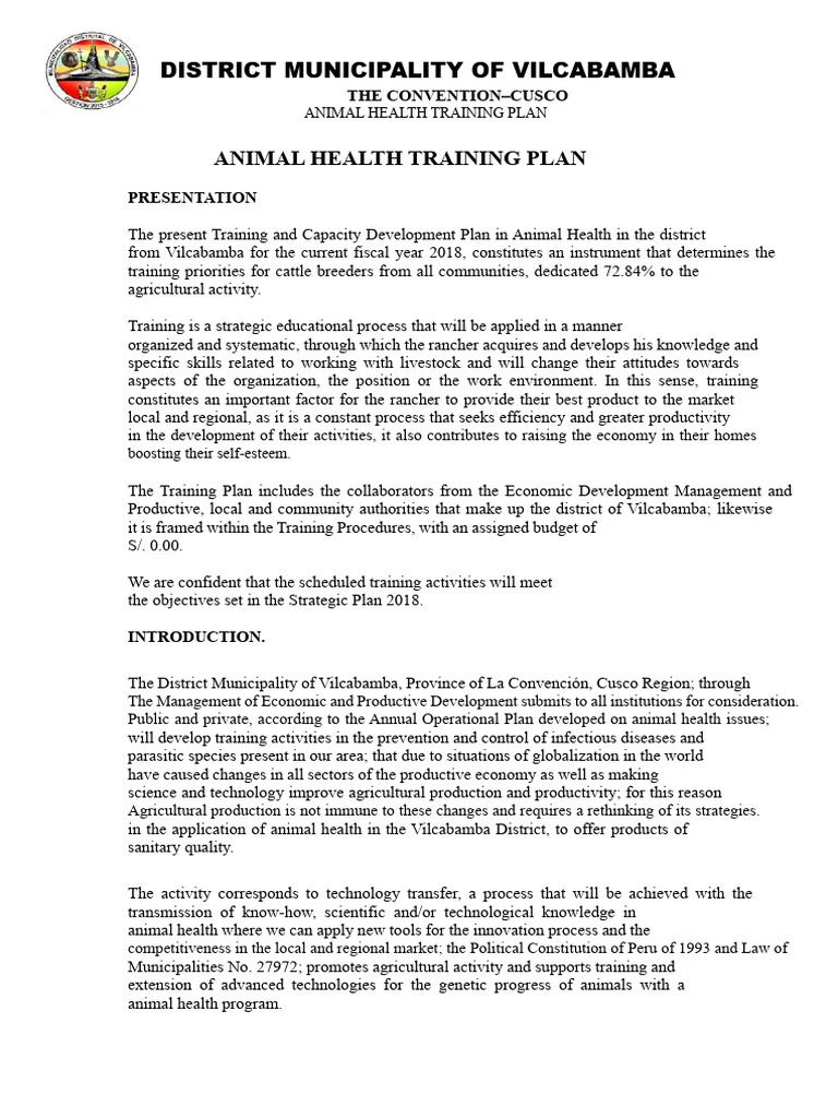 Vilcabamba Animal Health Training Plan | PDF | Livestock | Public Health