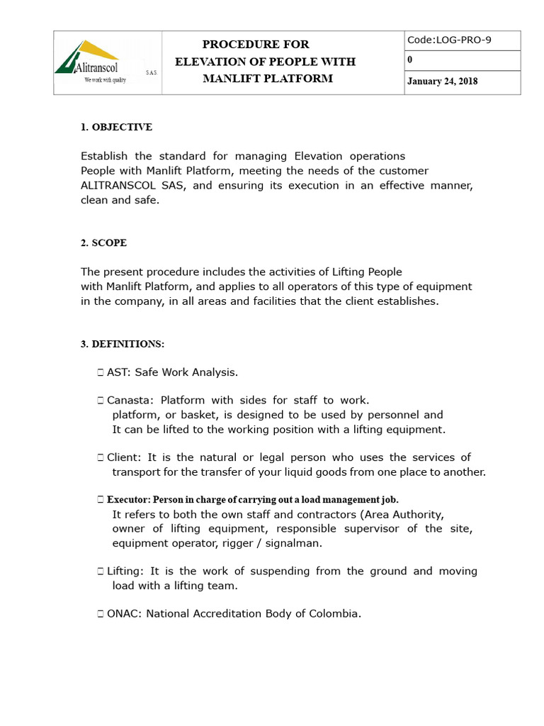 LOG-PRO-9 - V0 Procedure For Lifting People With Manlift Platform | PDF ...