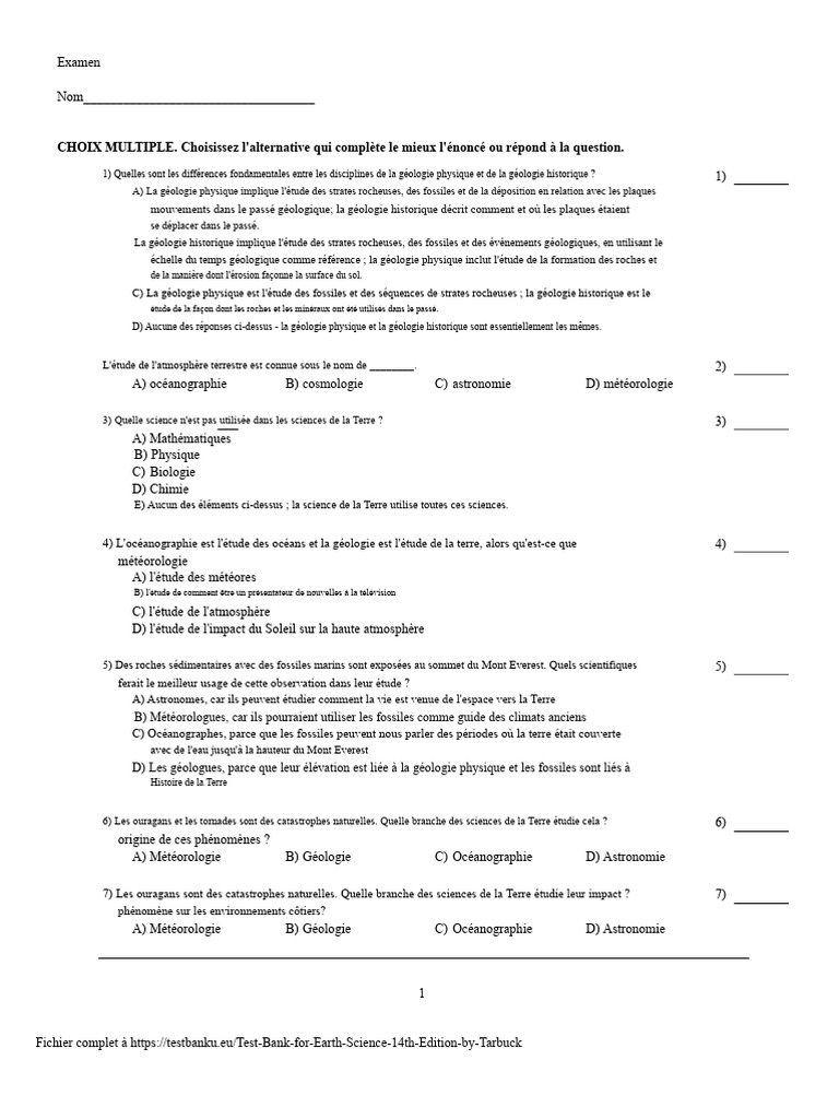 Examen sur les Sciences de la Terre | PDF | Terre | Géologie