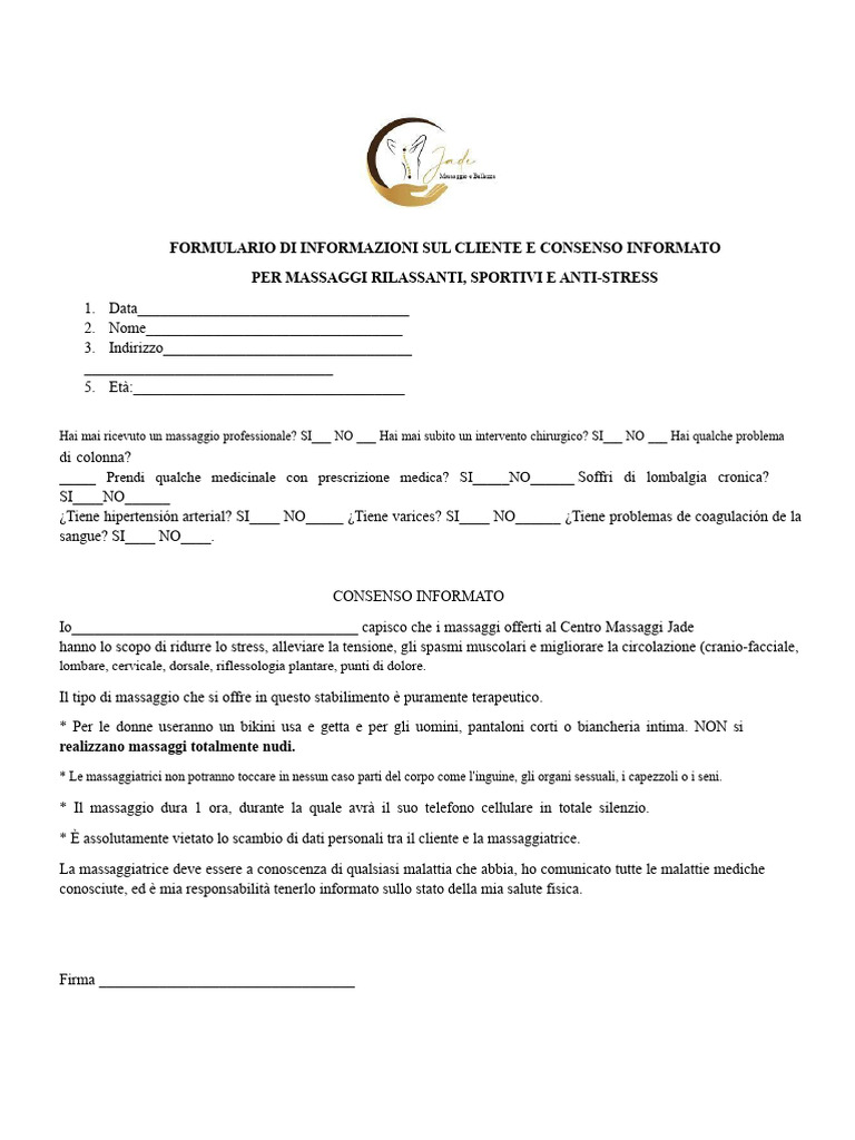 Consenso Informato Massaggi Rilassanti | PDF