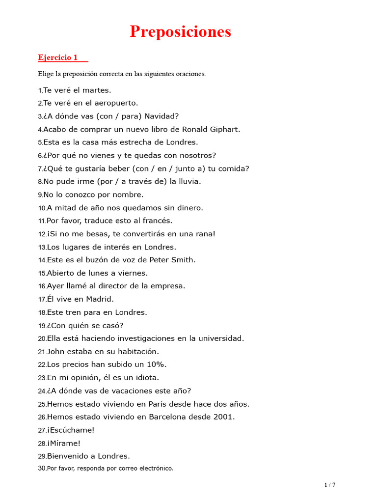 Ejercicios de Preposiciones en Español | PDF