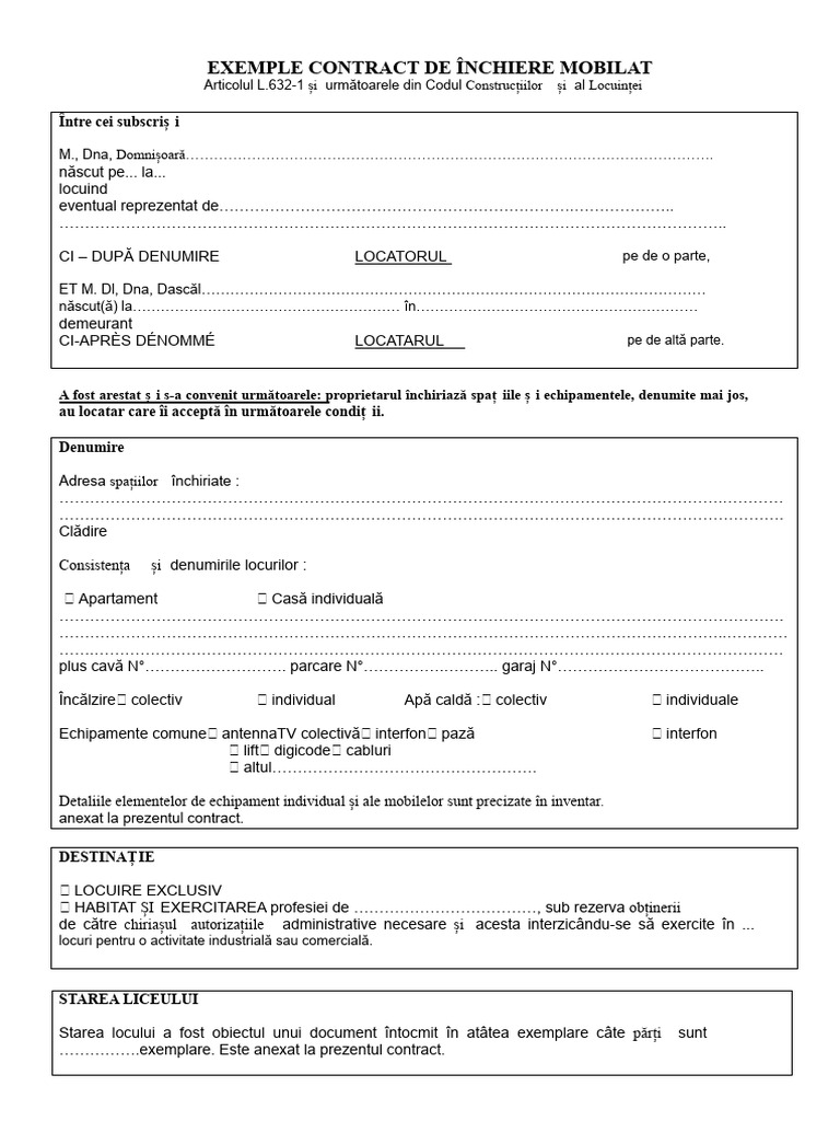 Model Contract de Închiriere Mobilată | PDF