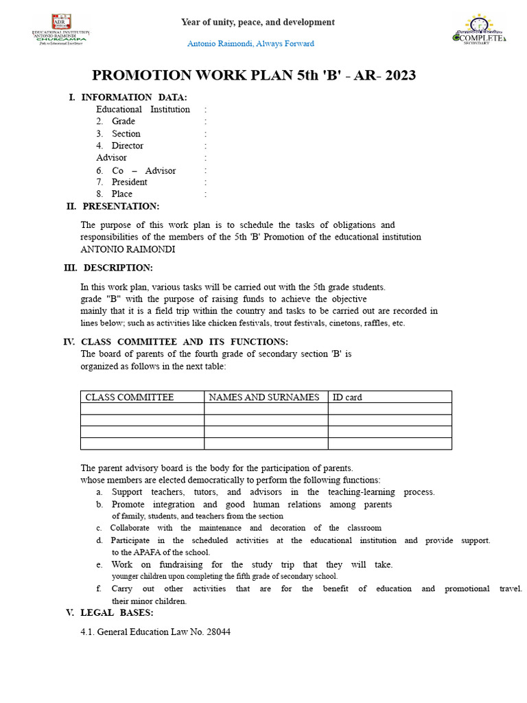 WORK PROMOTION PLAN 5th B | PDF