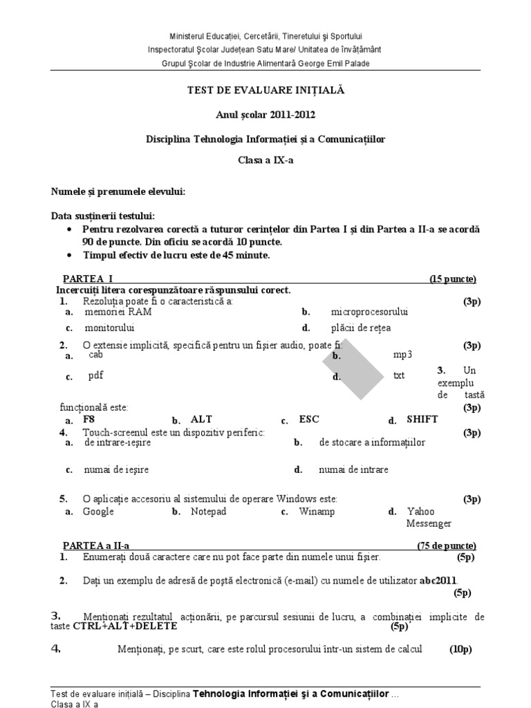 Test de Evaluare Iniţială Ix | PDF