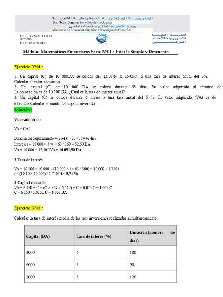 Ejercicios de Interés Simple y Descuento | PDF | Bancos | Finanzas ...