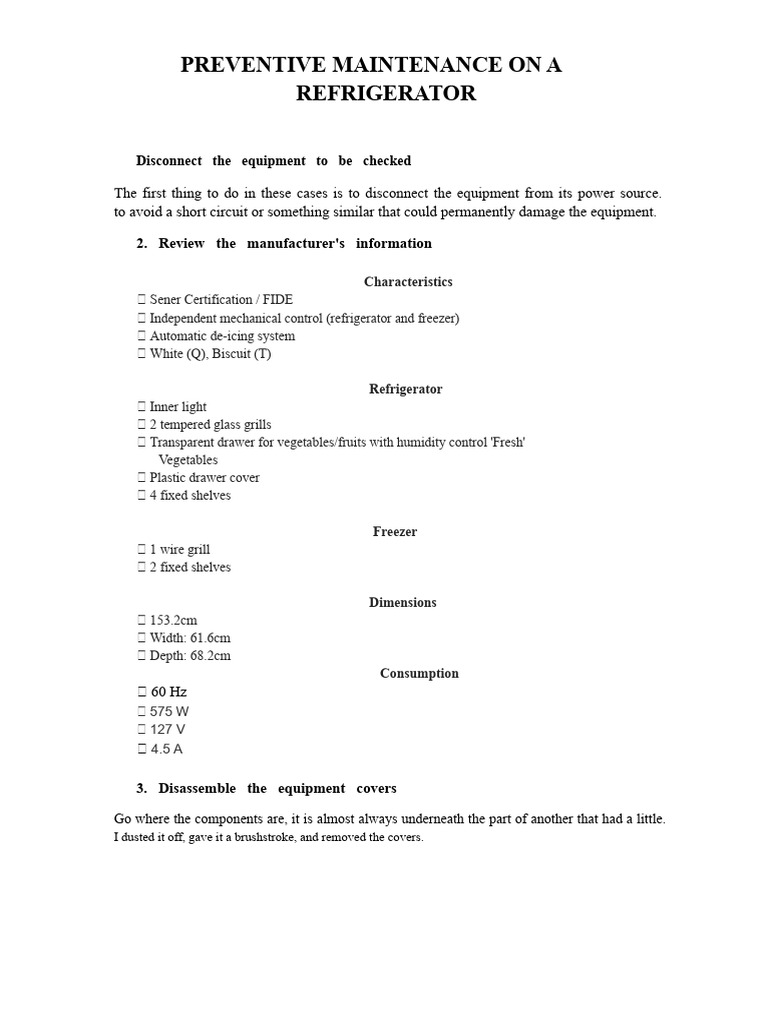 Preventive Maintenance for a Refrigerator | PDF | Refrigerator ...