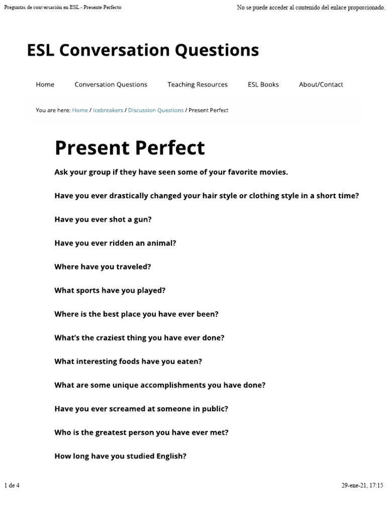 Preguntas de Conversación en ESL - Presente Perfecto PDF | PDF