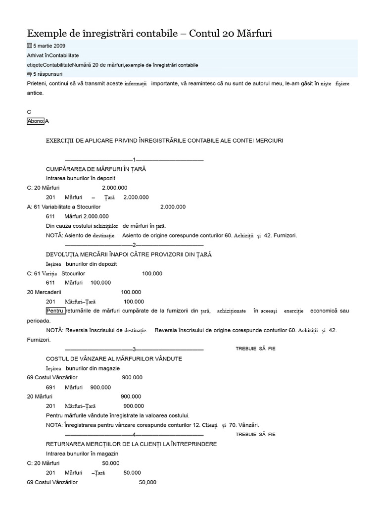 Exemple de Înregistrări Contabile | PDF