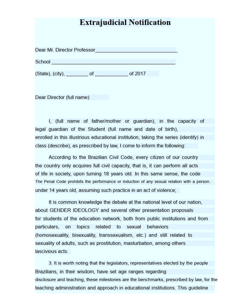 Model of Extrajudicial Notification To The School Against Gender ...