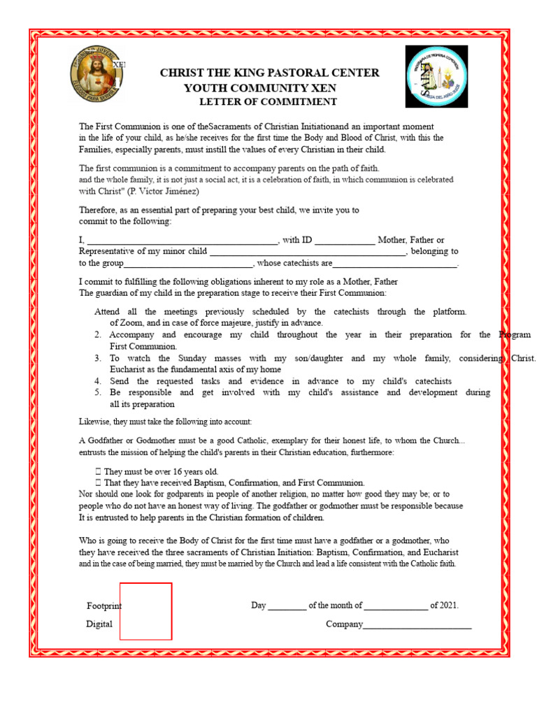 First Communion Commitment Letter | PDF | Godparent | Eucharist