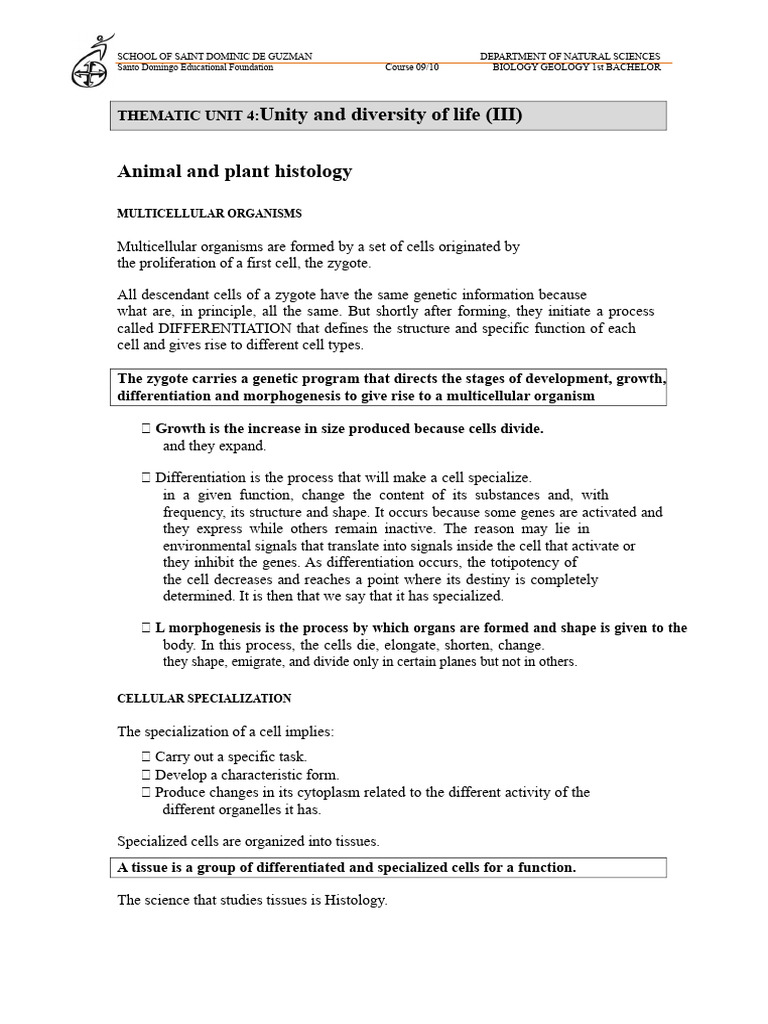 Multicellular Organisms and Histology | PDF | Tissue (Biology) | Plant Stem