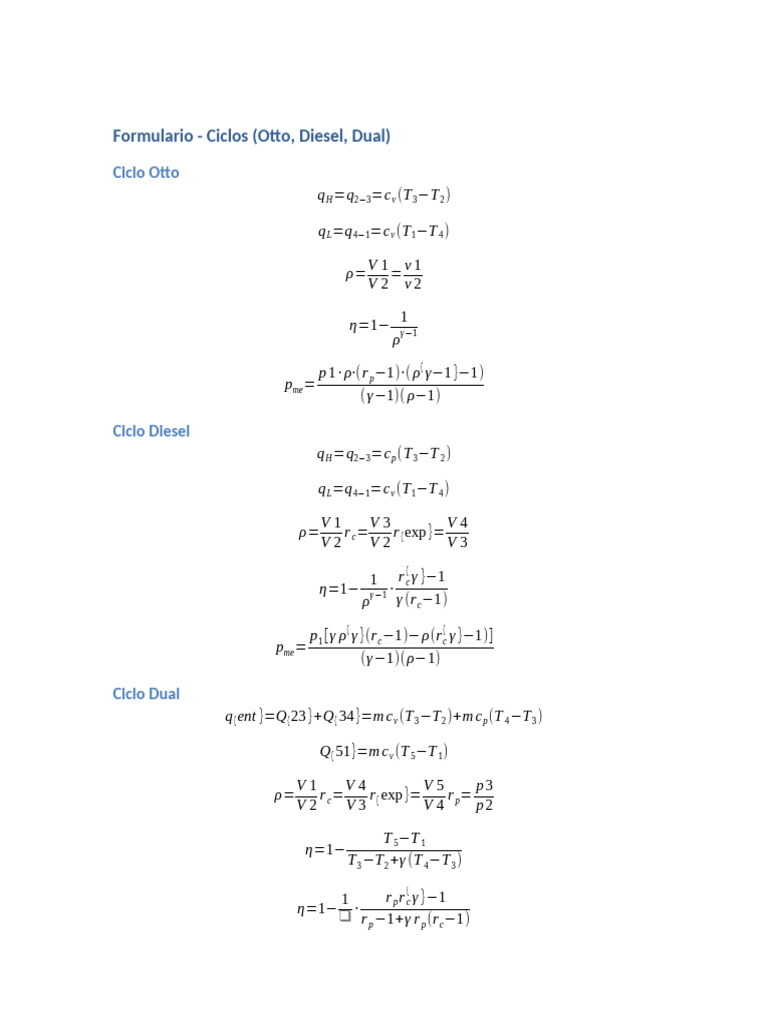 Otto, Diesel, and Dual Cycle Formulas | PDF