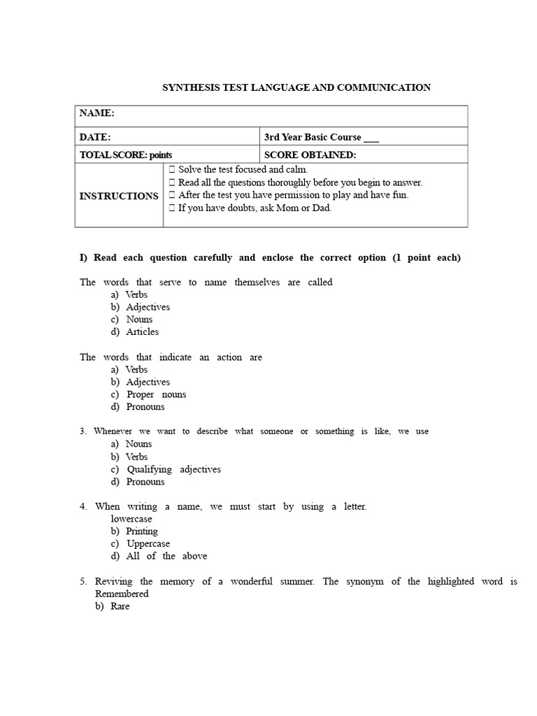 Language and Communication Test for 3rd Year | PDF | Poetry | Rhyme