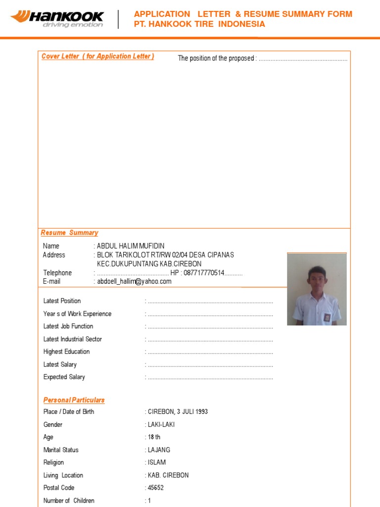 Contoh Cv Form Hankook 