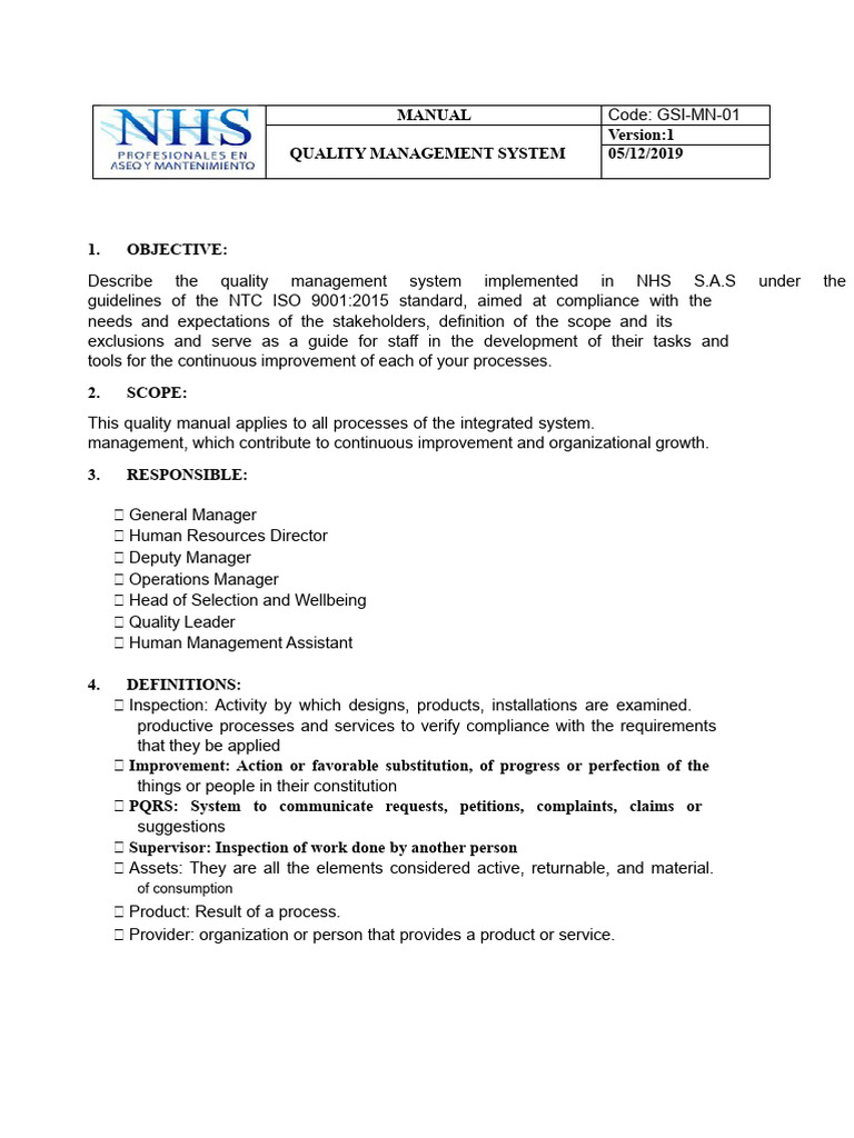NHS S.A.S Quality Management Manual | PDF | Quality Management ...