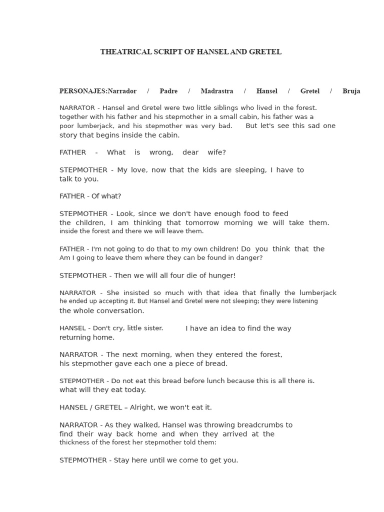 Hansel and Gretel Theatrical Script | PDF | Hansel And Gretel | Fairy Tales