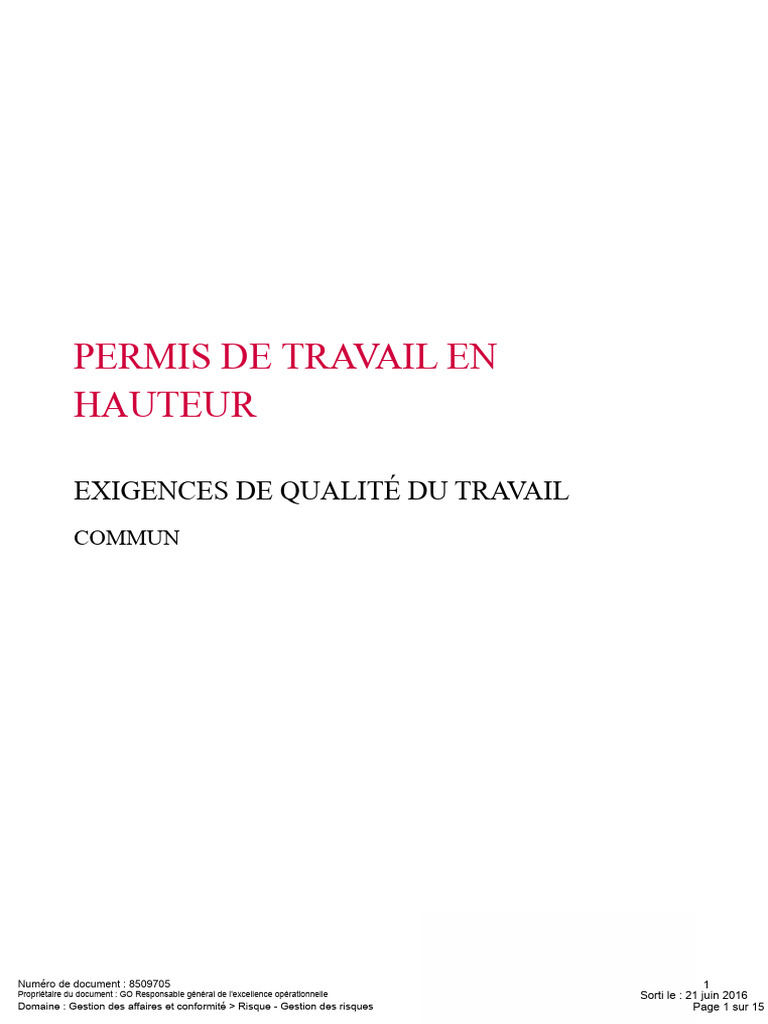 Exigences Permis de Travail en Hauteur | PDF | Gestion des risques ...