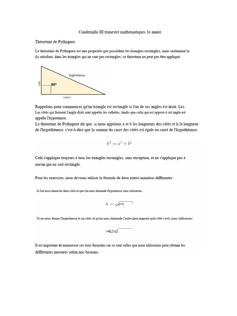 Théorème de Pythagore en Mathématiques 3e | PDF | Fonction ...