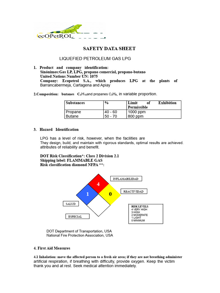 Safety Data Sheet for LPG | PDF | Liquefied Petroleum Gas | Combustion