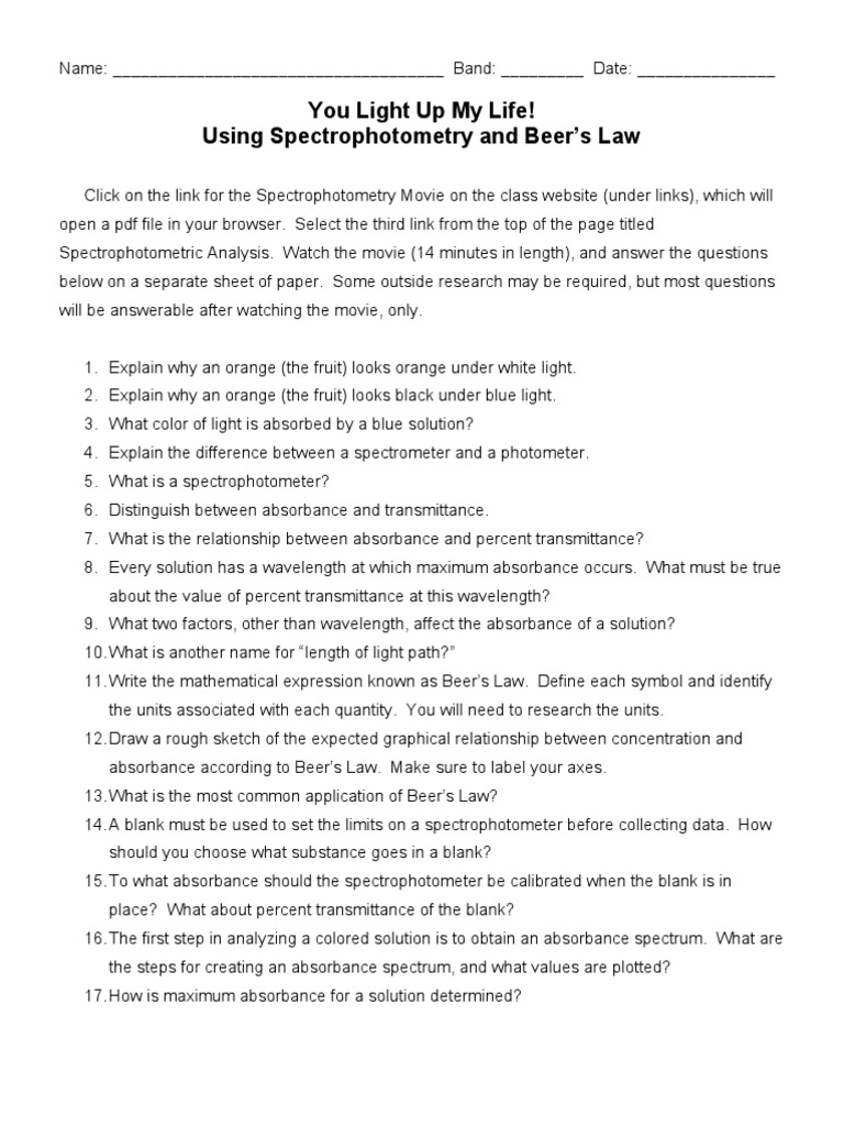 Beers Law Lab AP Chem PDF Spectrophotometry Absorbance