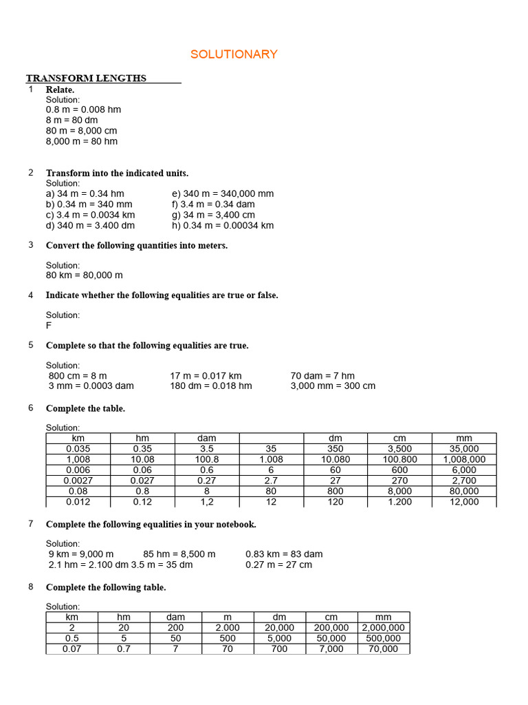 Length Exercises 1 (Solutions) | PDF | Metre | Units Of Measurement