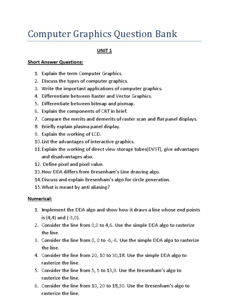 Computer Graphics Question BankNew PDF 2 D Computer Graphics