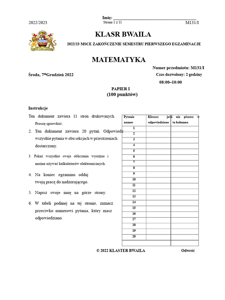 Msce Matematyka Arkusz 1 | PDF