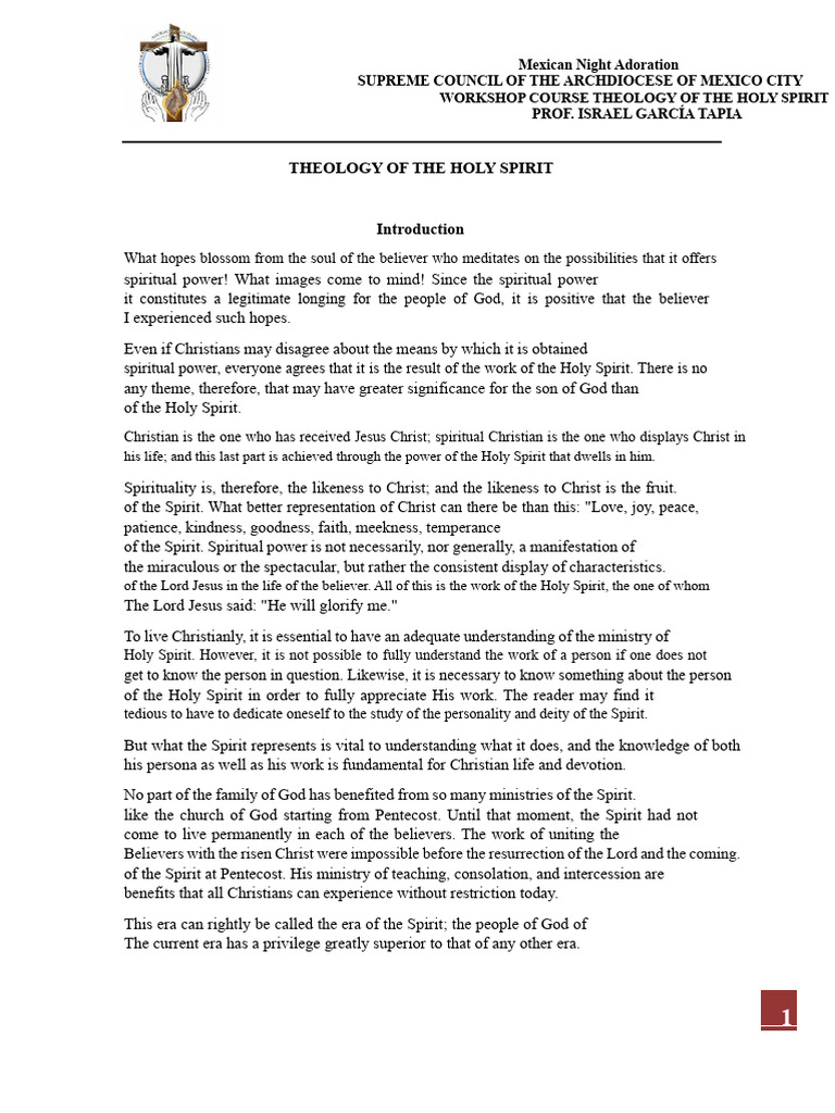 Theology of the Holy Spirit Workshop | PDF | Jesus | God The Father