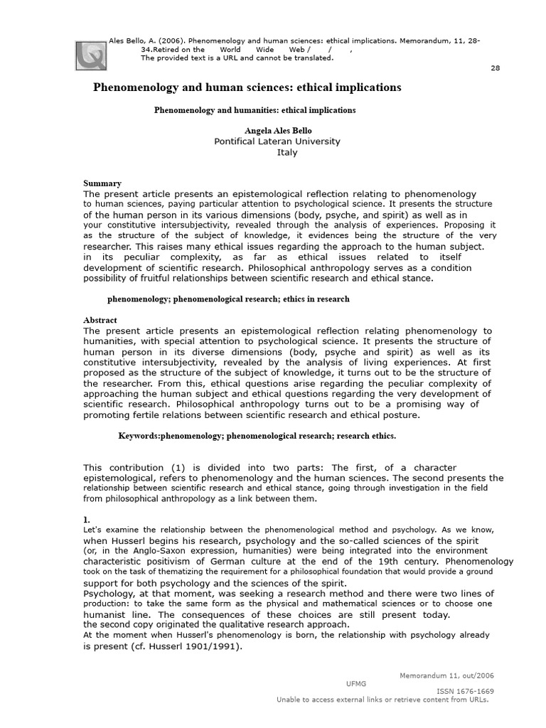 Ales Bello. Phenomenology and Human Sciences | PDF | Phenomenology ...