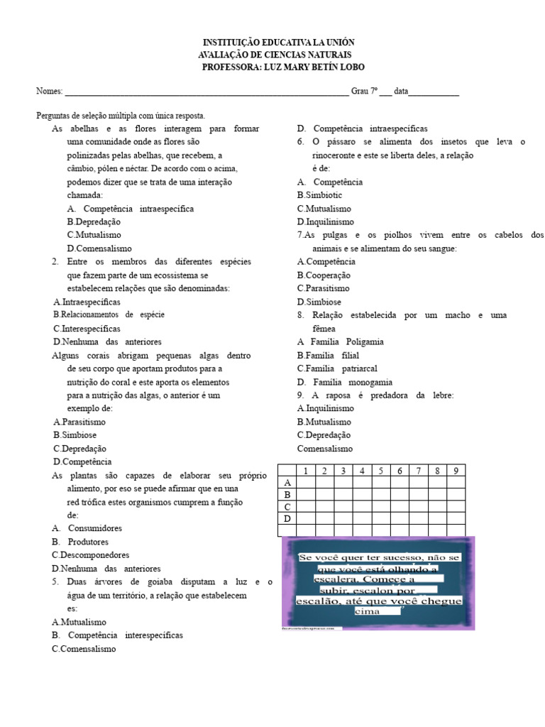 Exercícios sobre Relações Ecológicas 7º Ano | PDF | Interações ...