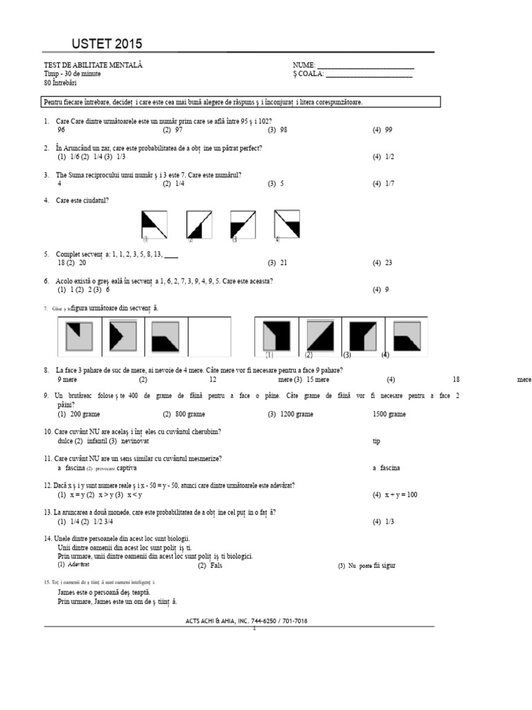 Test de Abilitate Mentală Ustet | PDF