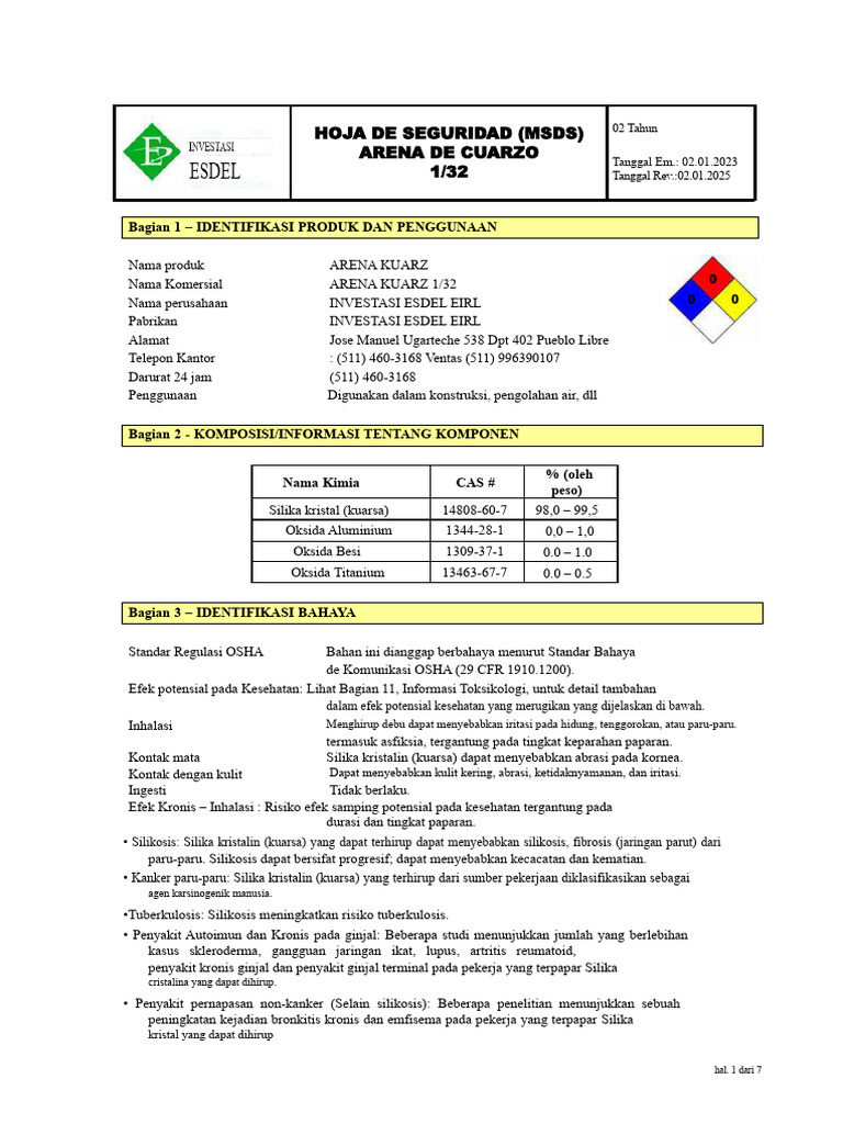 MSDS Silika Kristal Kuarsa Arena Kuarz | PDF