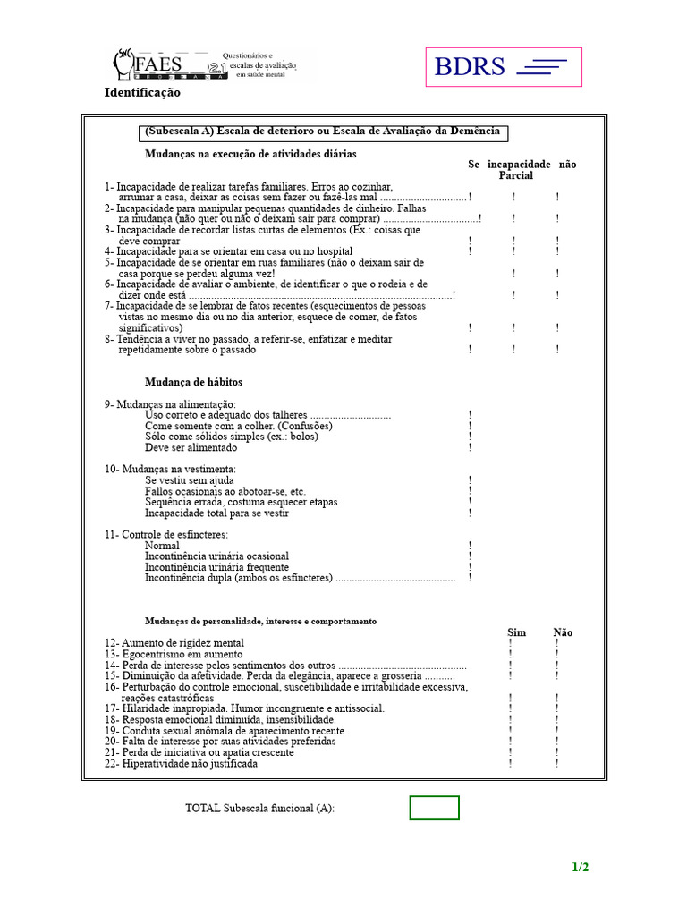 Teste - Bdrs - Escala de Demência de Blessed | PDF | Cognição | Demência