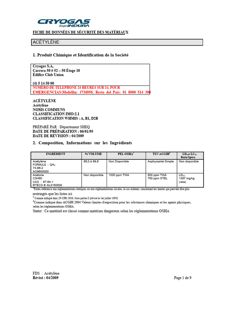 Fiche de sécurité de l'acétylène | PDF | La combustion | Cuivre