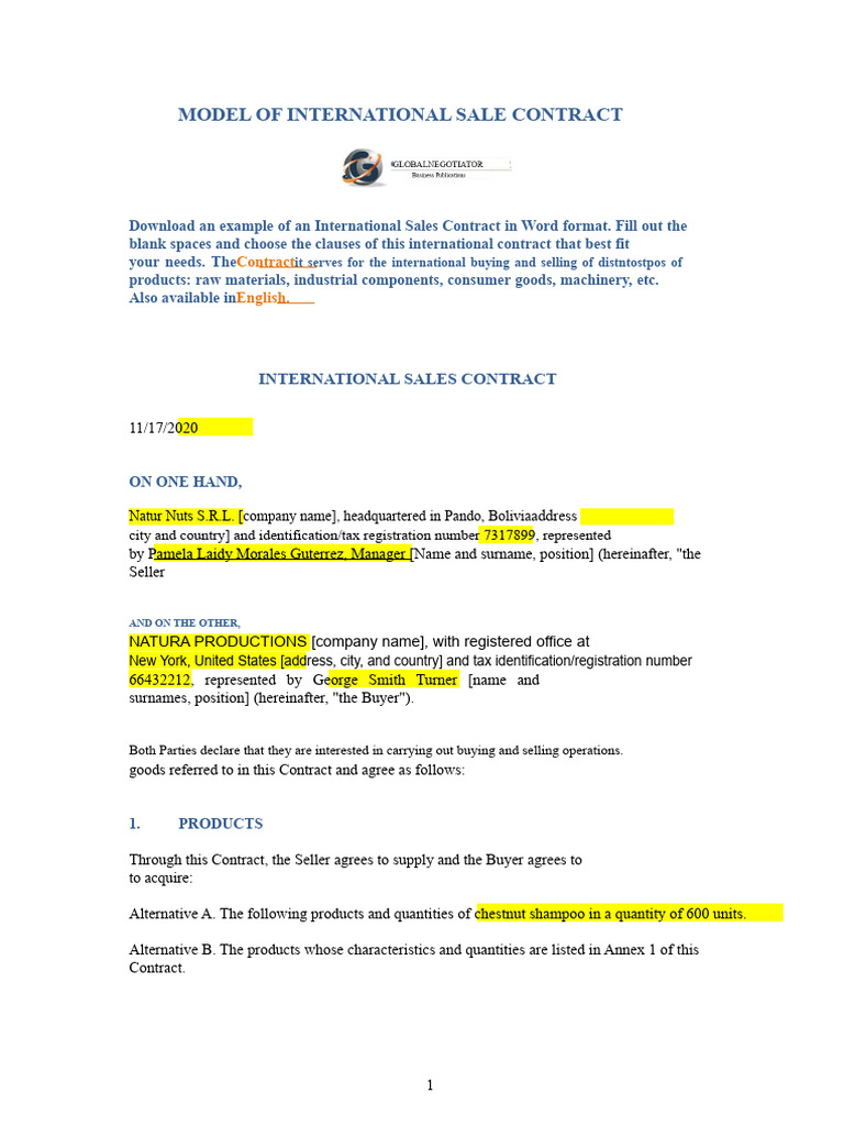 International Sales Contract Template | PDF | Prices | Private Law