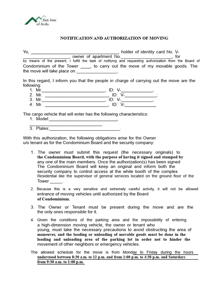 Moving Notification and Authorization Form | PDF | Condominium