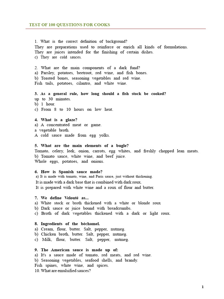 100 Cooking Questions for Chefs | PDF | Sauce | Salad