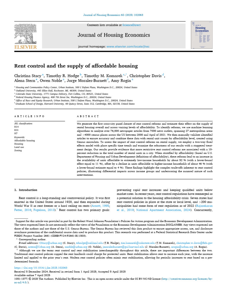 Rent Control and The Supply of Affordable Housing | PDF | Rent ...