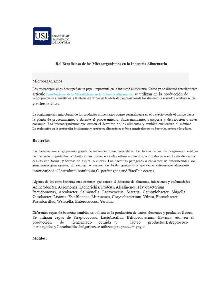 Microorganismos en la Industria Alimentaria | PDF | Fermentación ...
